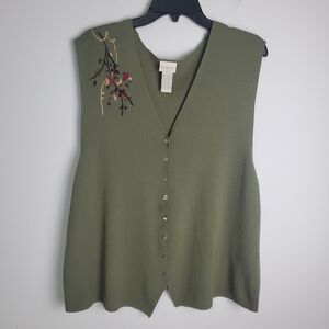 Vintage Green Ribbed Knit Button-Down Sleeveless Cardigan Size 1X